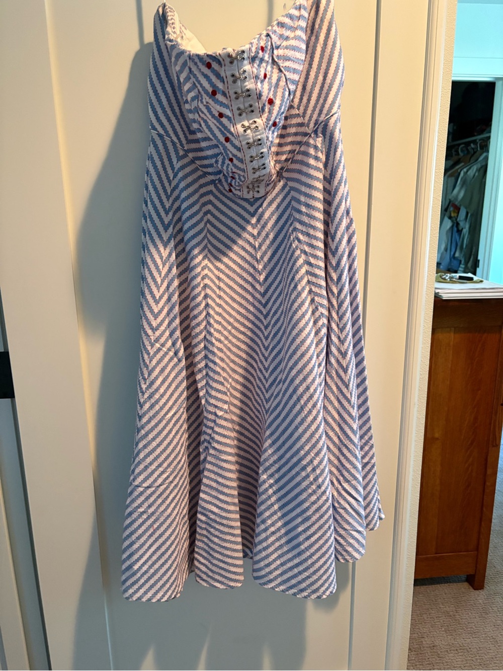 Anthropologie Strapless Blue & White Chevron Midi Dress with Front Detailing - Picture 4 of 6
